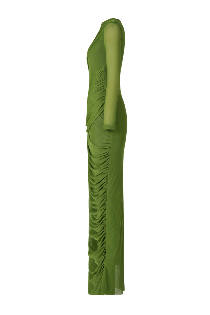 Mesh Gathering Long Sleeve Maxi Dress