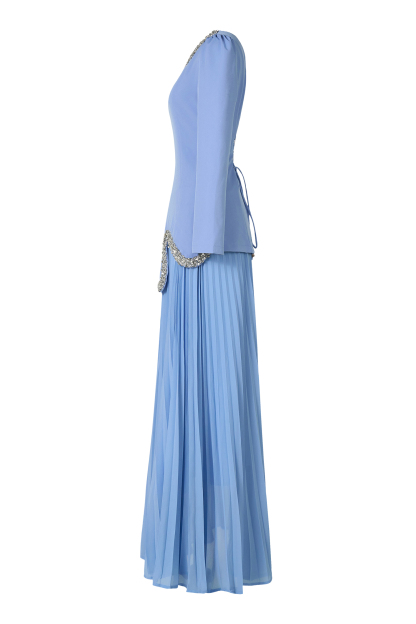 Rhinestone Long Sleeve Top & High Waist Pleated Midi Skirt Set