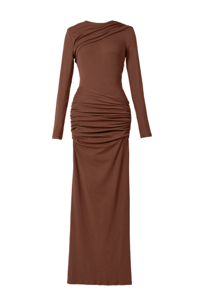 Solid Gathering Long Sleeve Maxi Dress