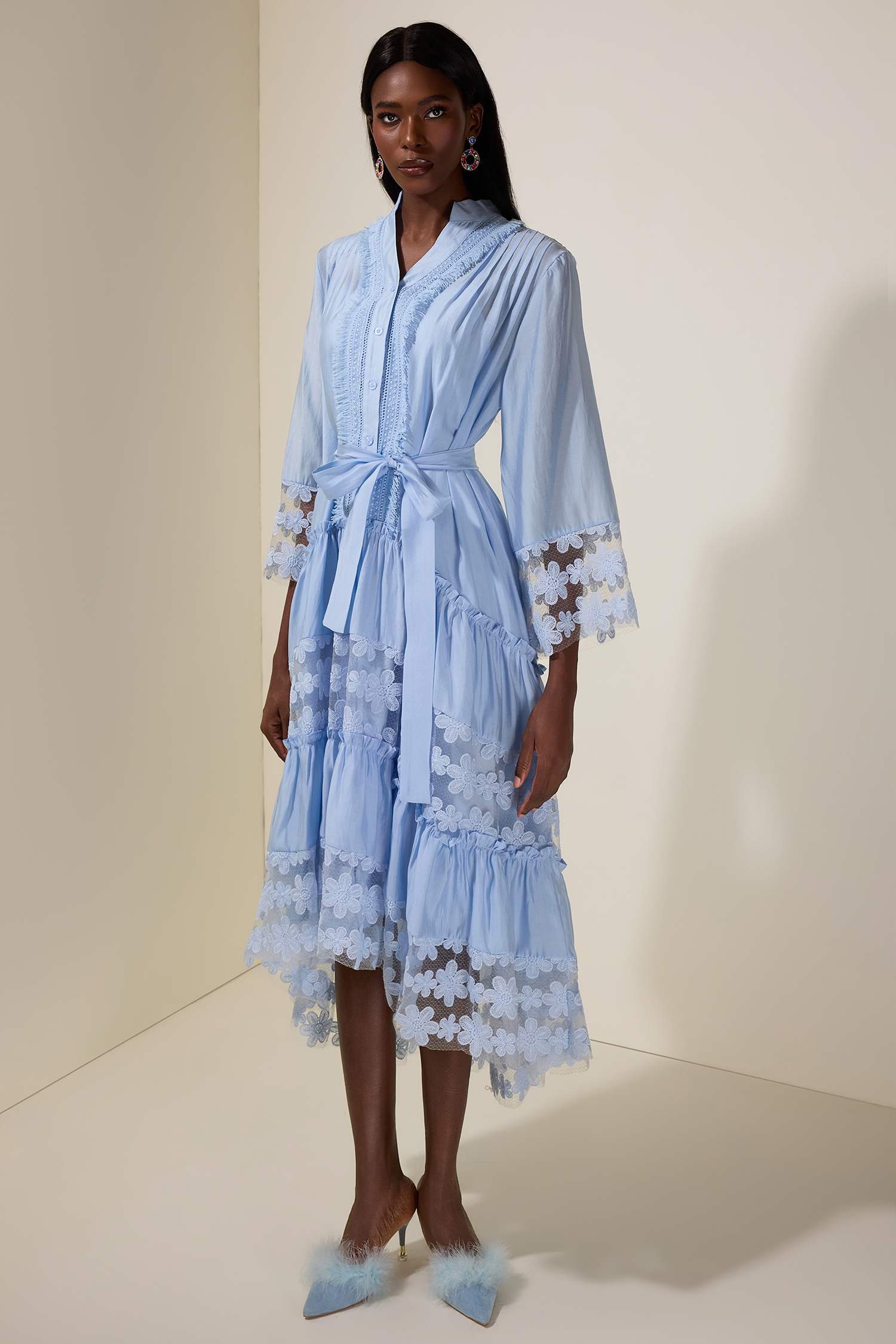 Embroidered Lace Midi Dress With Belt