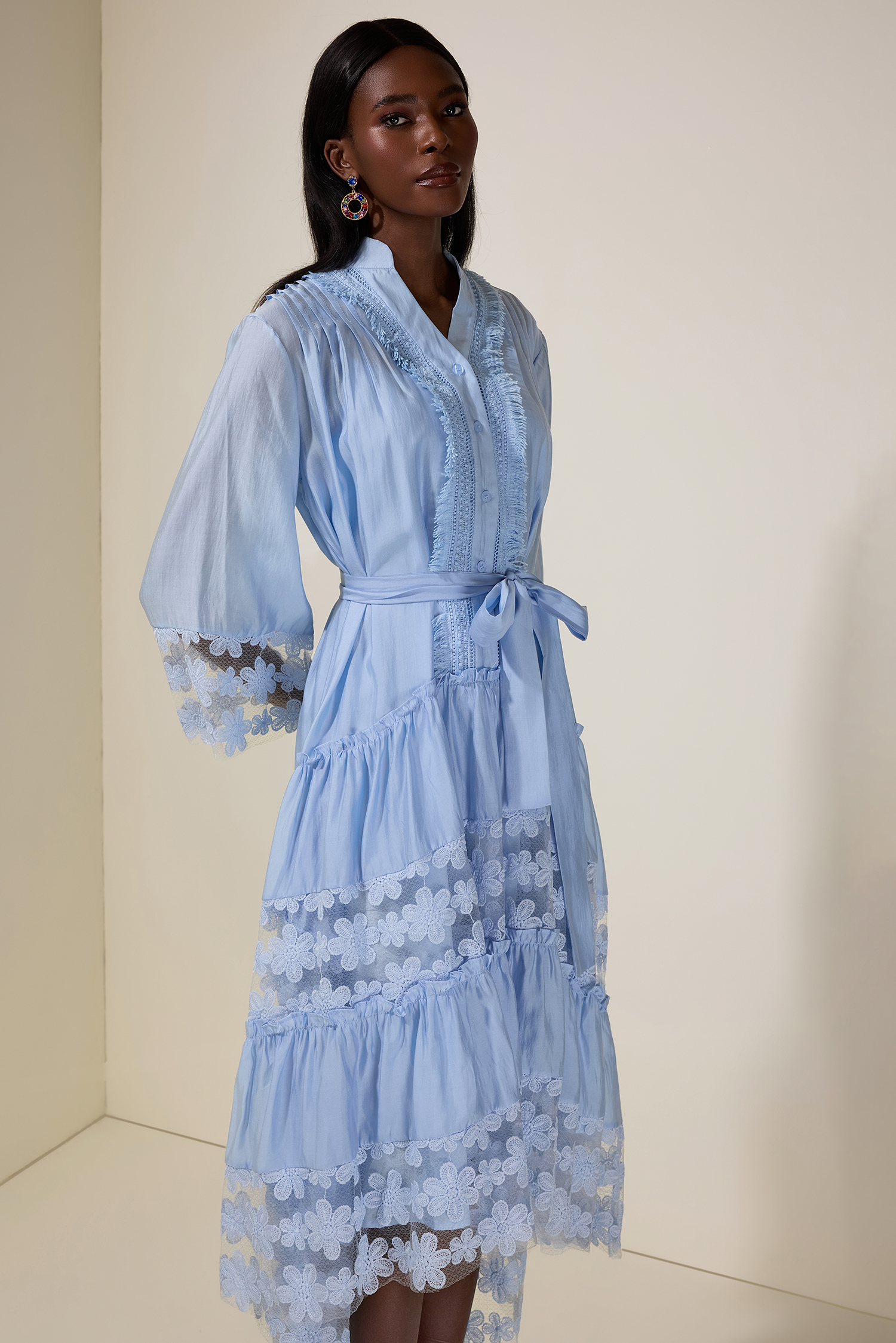 Embroidered Lace Midi Dress With Belt