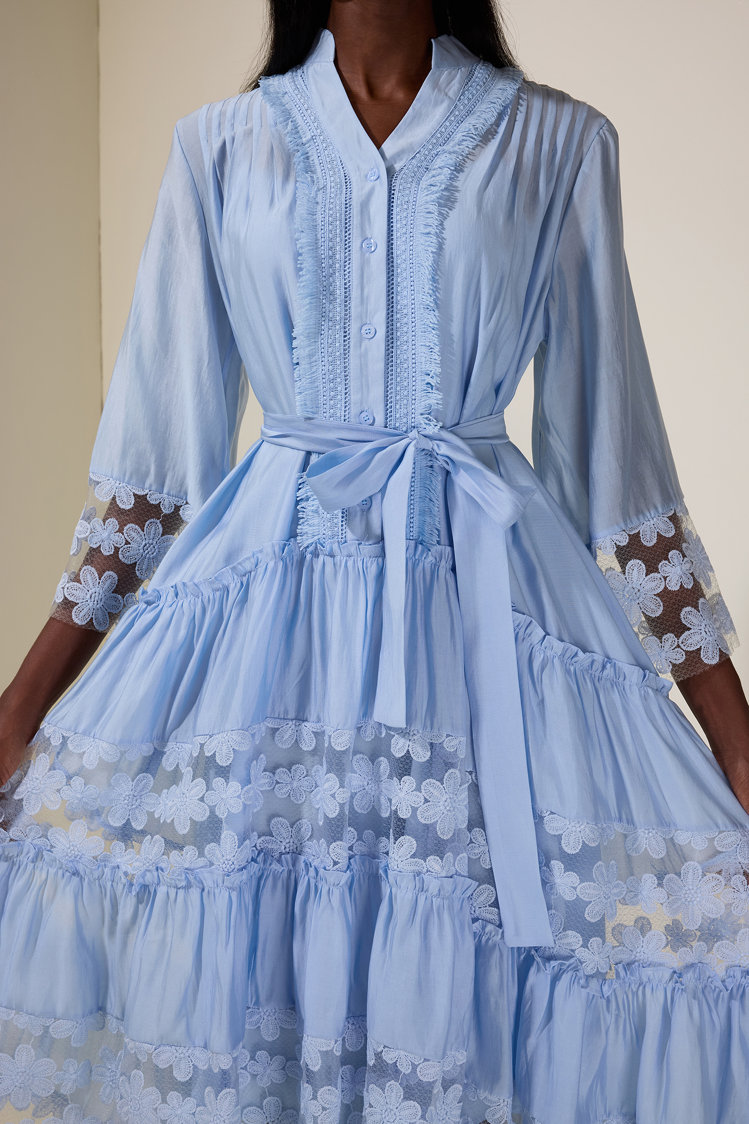 Embroidered Lace Midi Dress With Belt
