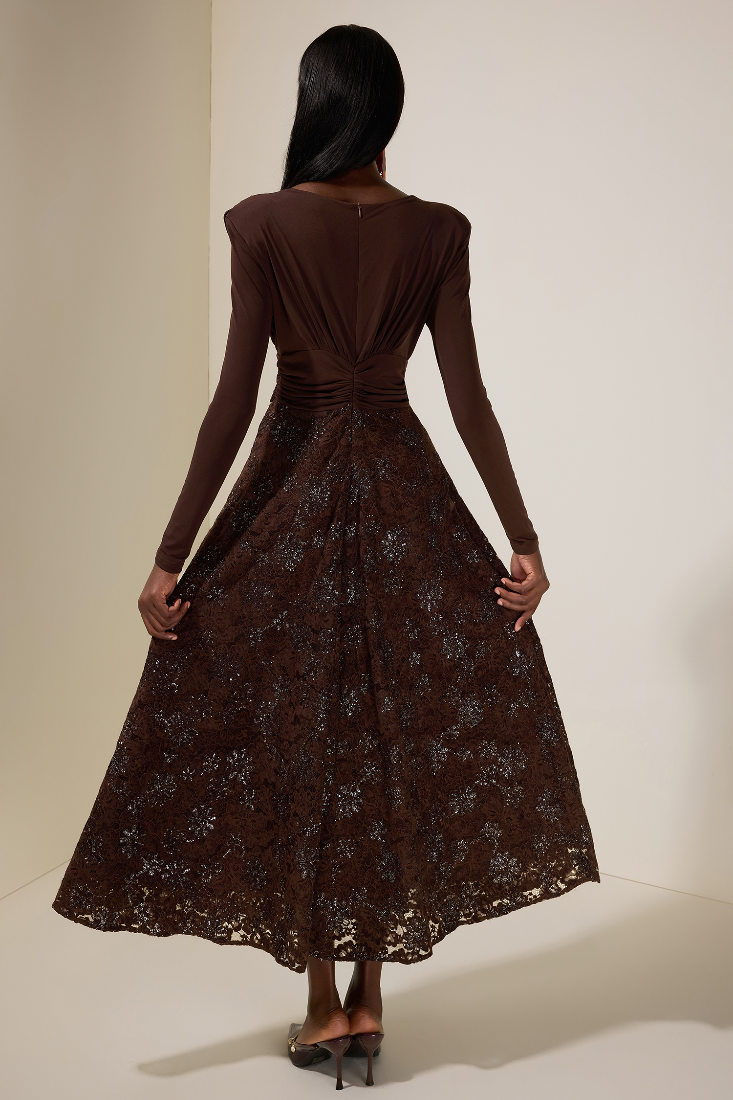 Jersey Splicing Lace Sequin V-Neck Midi Dress