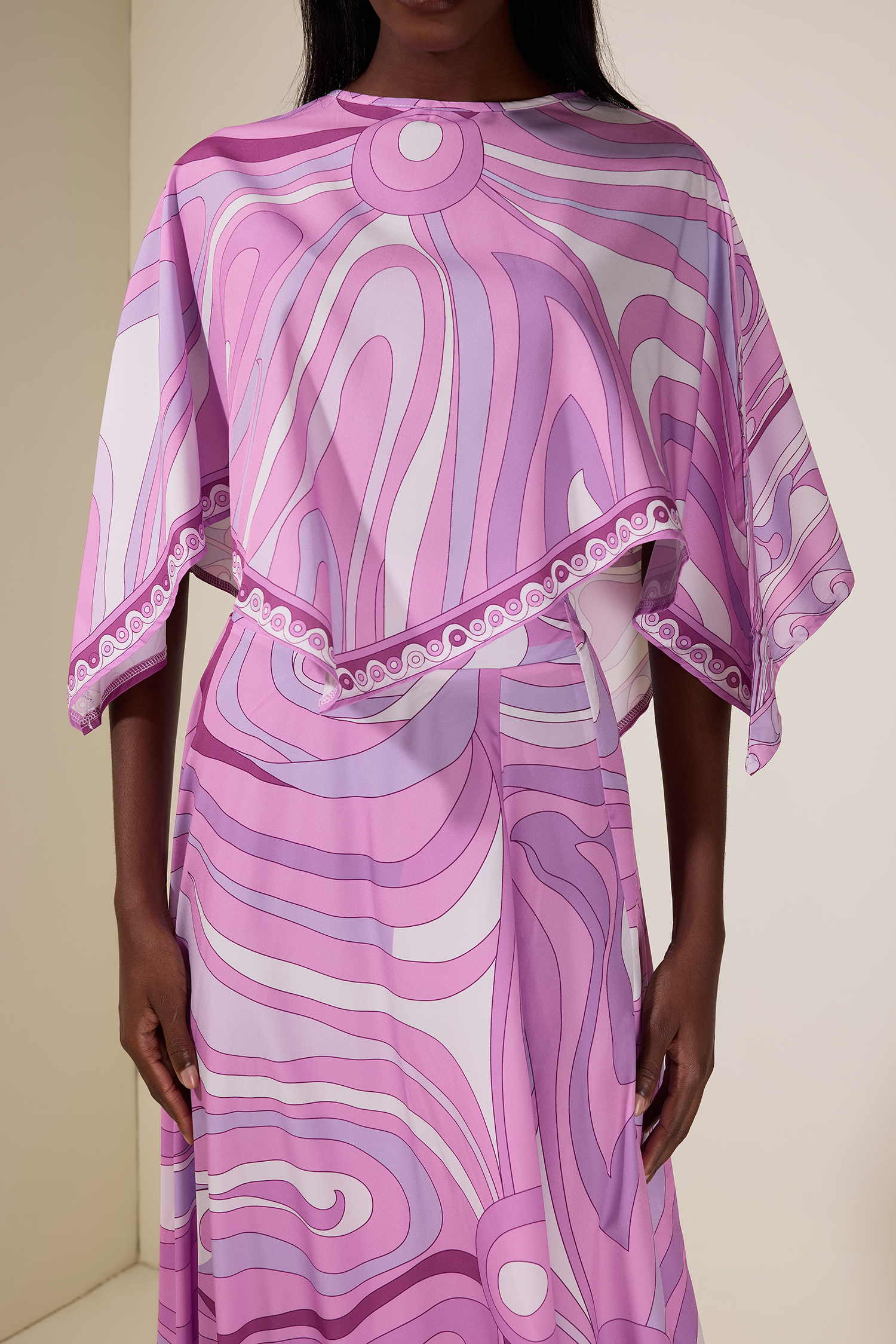 Abstract Print Cape Sleeve Top & Hight Waist Midi Skirt Set