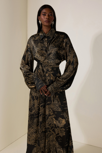 Abstract Print Shirt Collar Tie-Up Midi Dress
