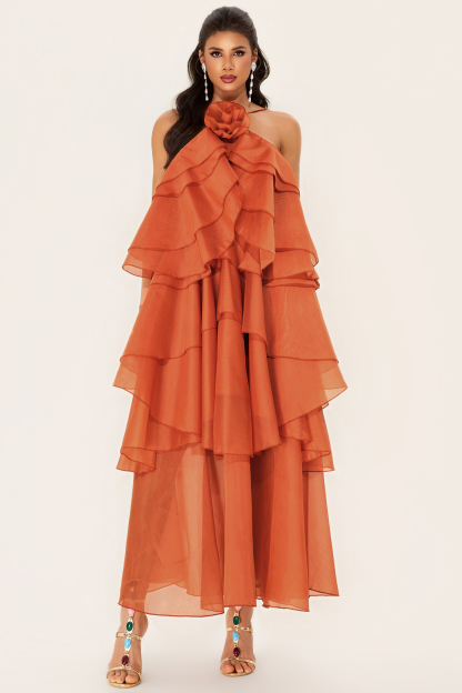 3D Flower Halter Neck Frill Maxi Dress