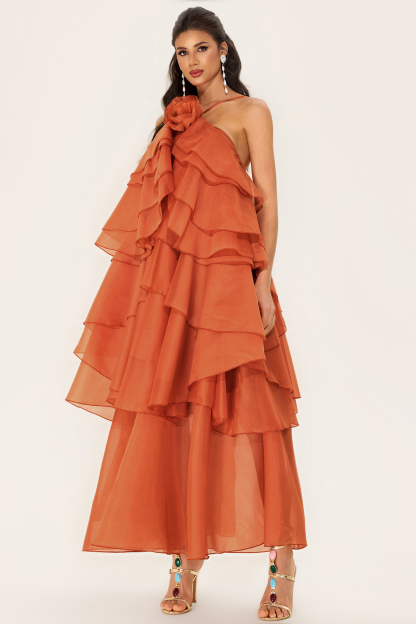 3D Flower Halter Neck Frill Maxi Dress