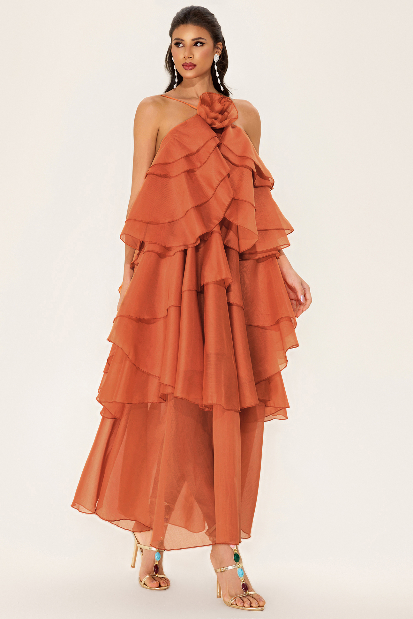 3D Flower Halter Neck Frill Maxi Dress