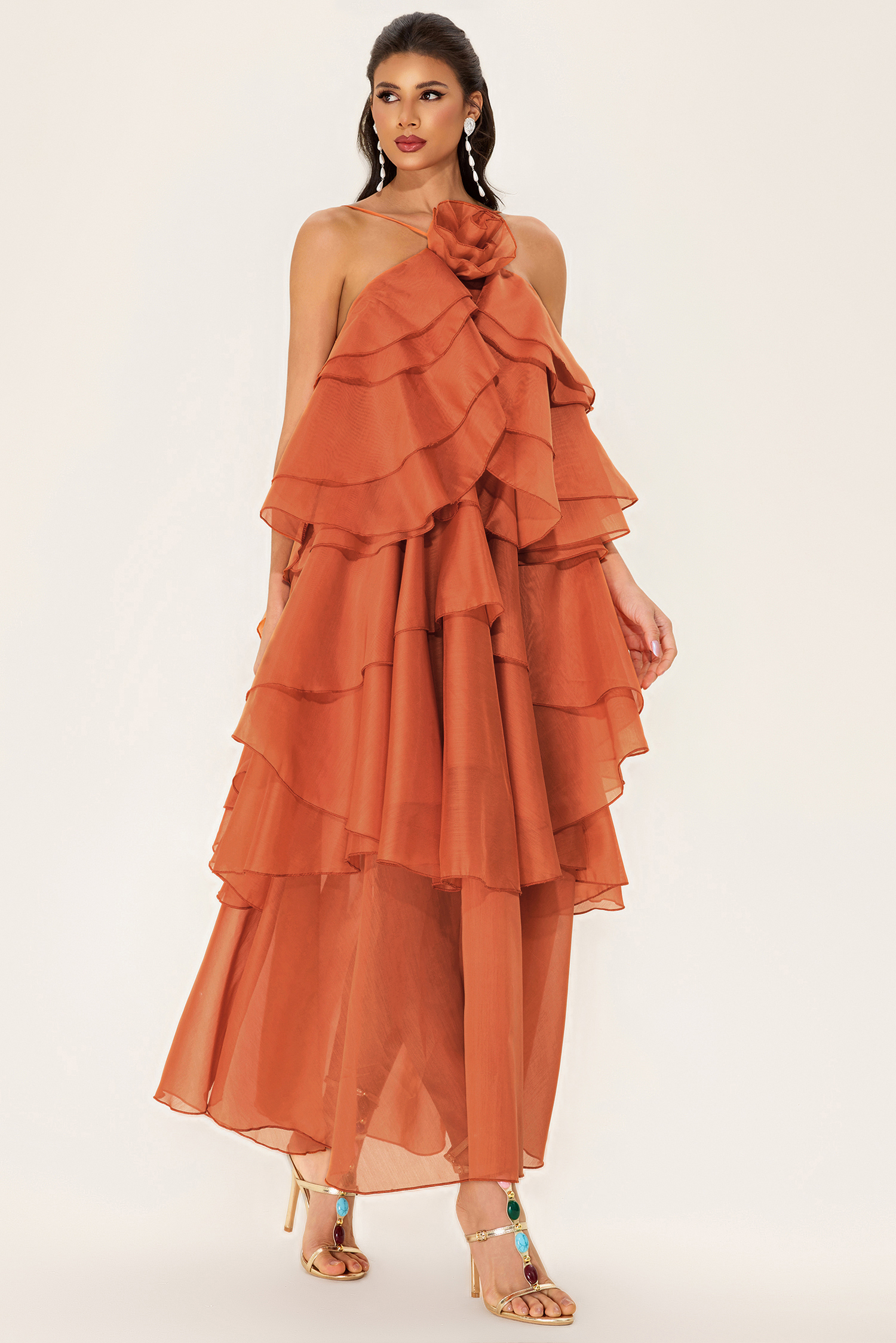 3D Flower Halter Neck Frill Maxi Dress