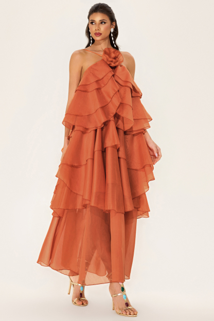 3D Flower Halter Neck Frill Maxi Dress