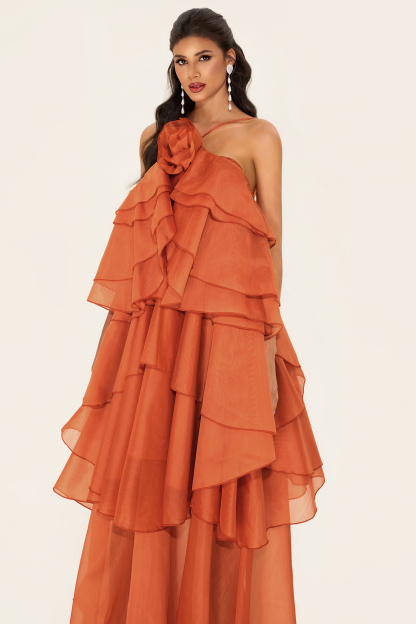 3D Flower Halter Neck Frill Maxi Dress