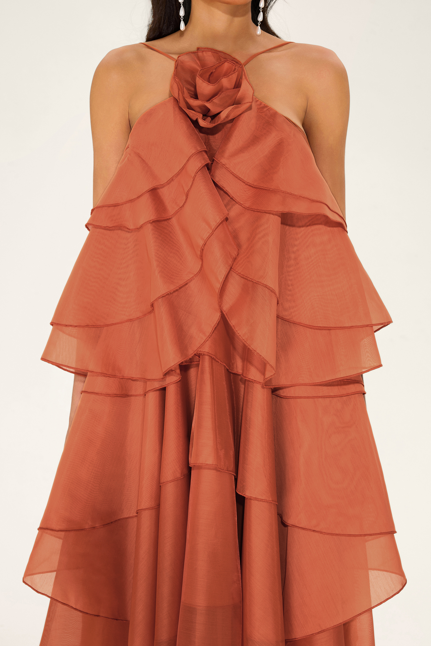 3D Flower Halter Neck Frill Maxi Dress