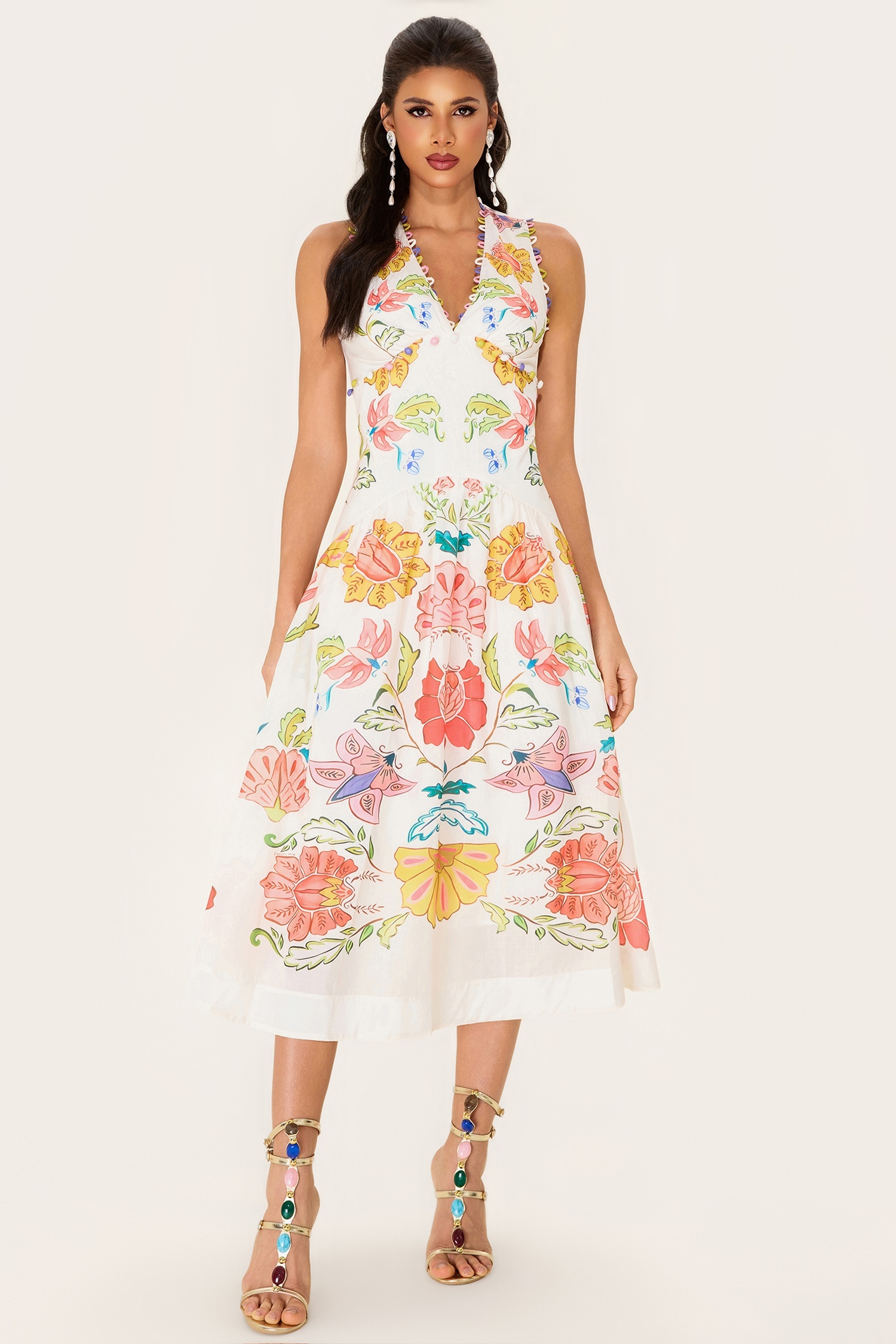 Floral V-Neck Sleeveless Midi Dress