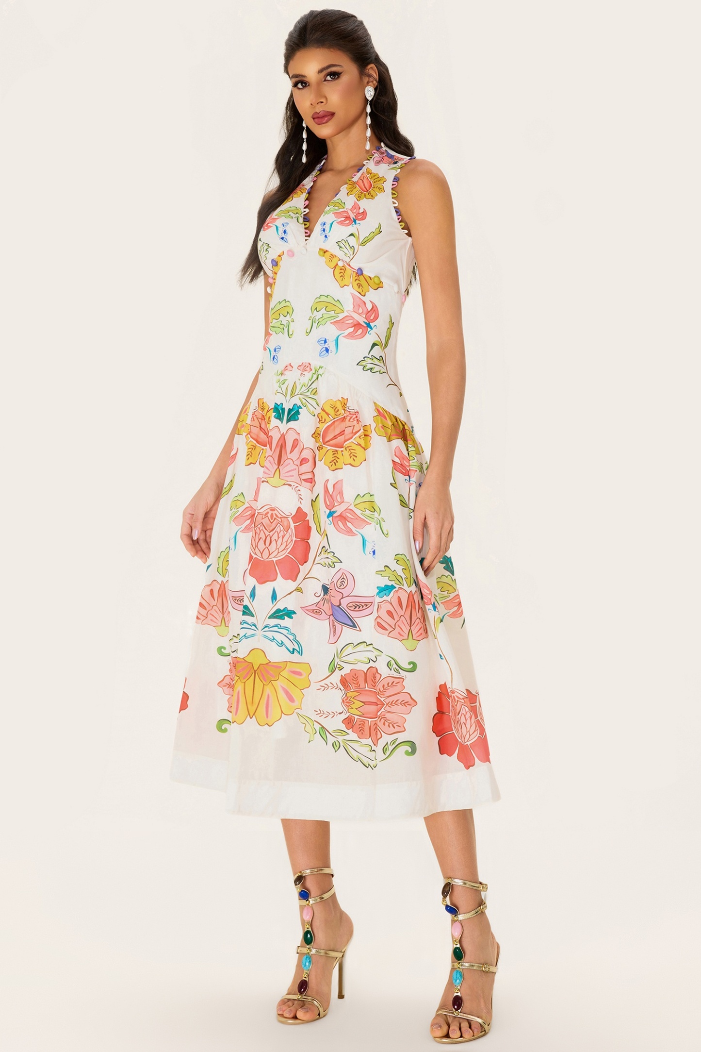 Floral V-Neck Sleeveless Midi Dress
