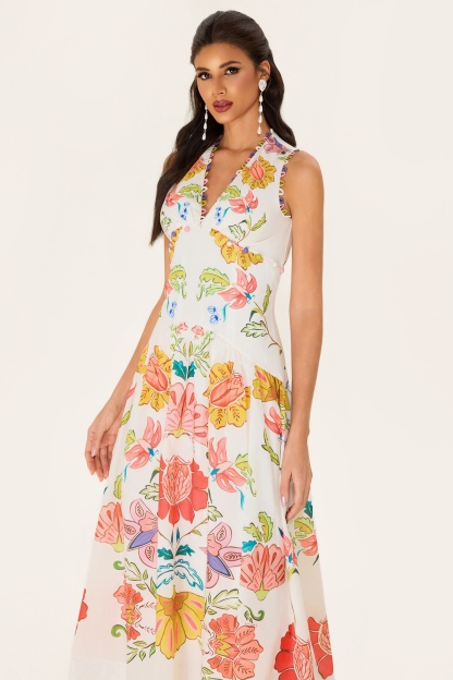 Floral V-Neck Sleeveless Midi Dress