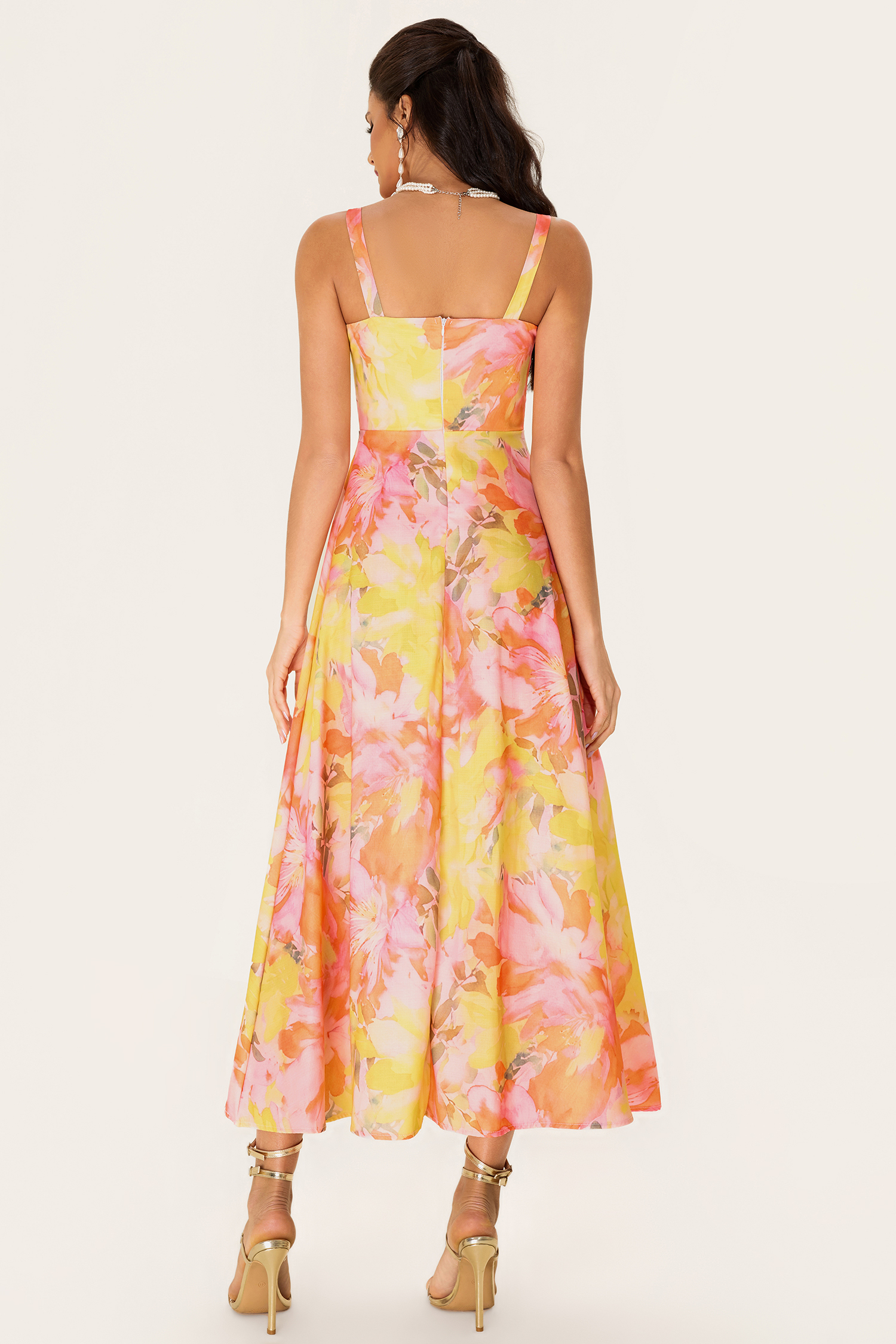 [Copy]Floral Sleeveless Square Collar Midi Dress