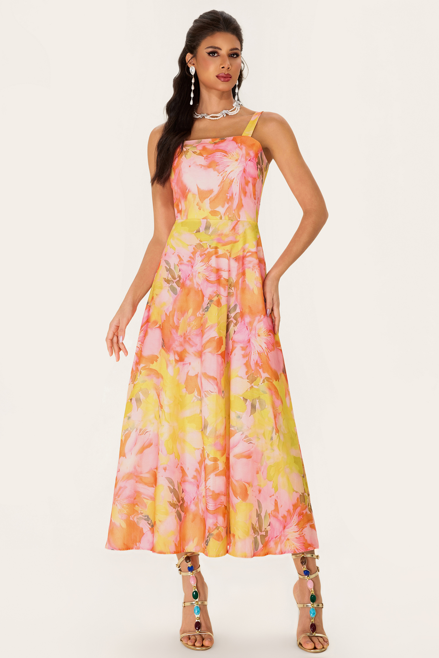 [Copy]Floral Sleeveless Square Collar Midi Dress