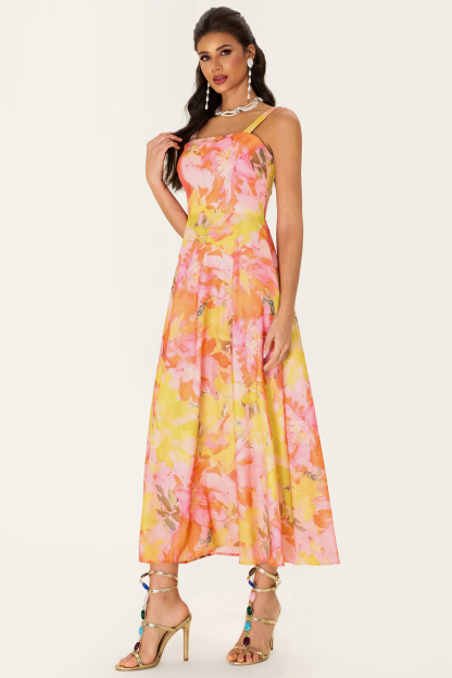 [Copy]Floral Sleeveless Square Collar Midi Dress