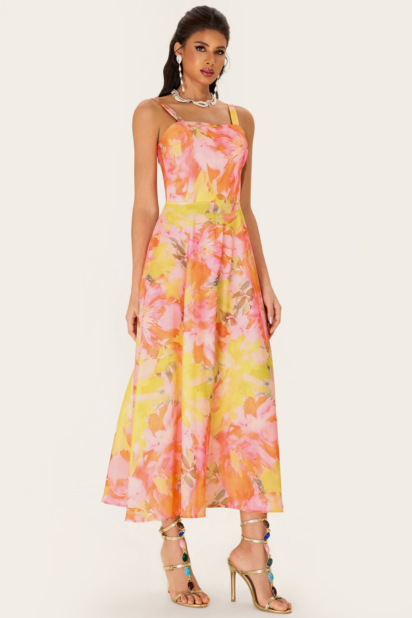 [Copy]Floral Sleeveless Square Collar Midi Dress