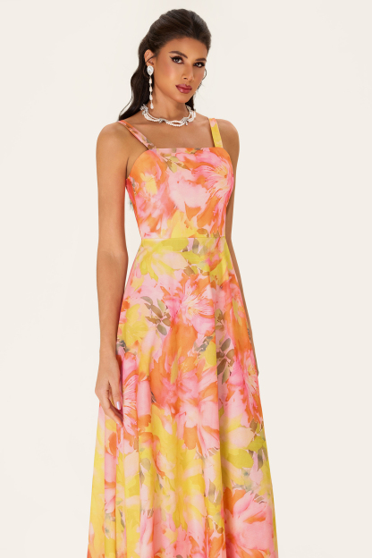 [Copy]Floral Sleeveless Square Collar Midi Dress