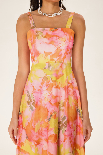 [Copy]Floral Sleeveless Square Collar Midi Dress