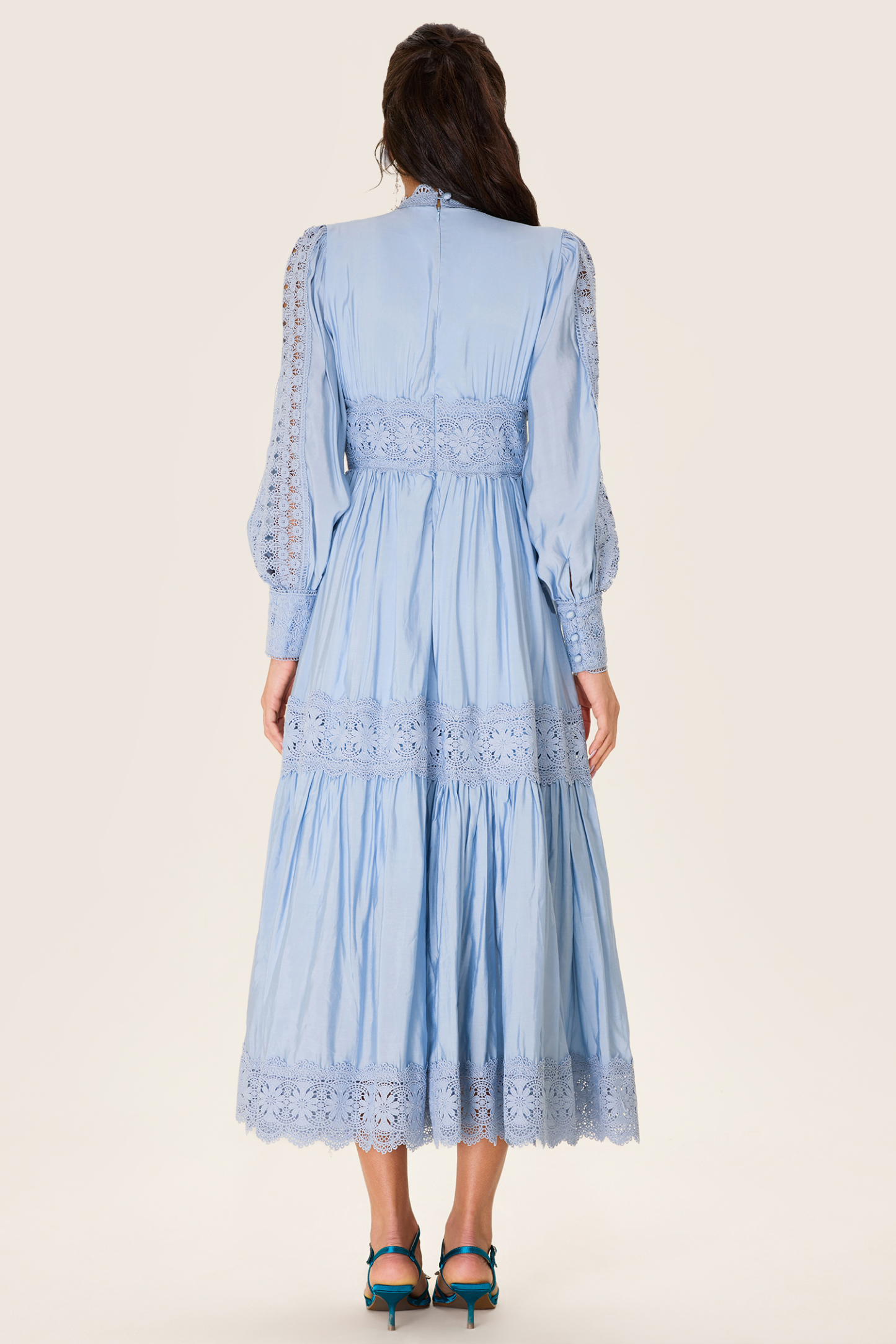 Lace Lantern Sleeve Solid Midi Dress