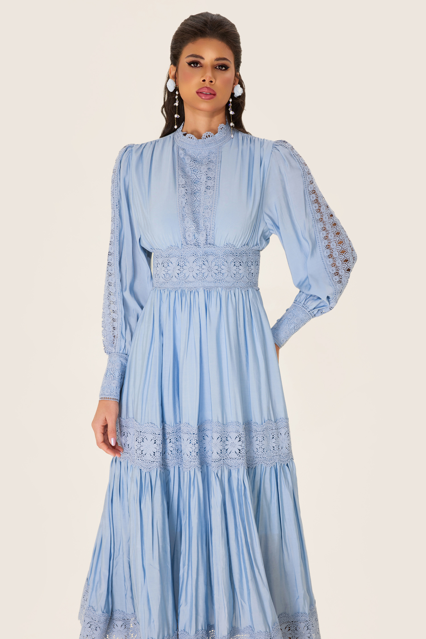 Lace Lantern Sleeve Solid Midi Dress