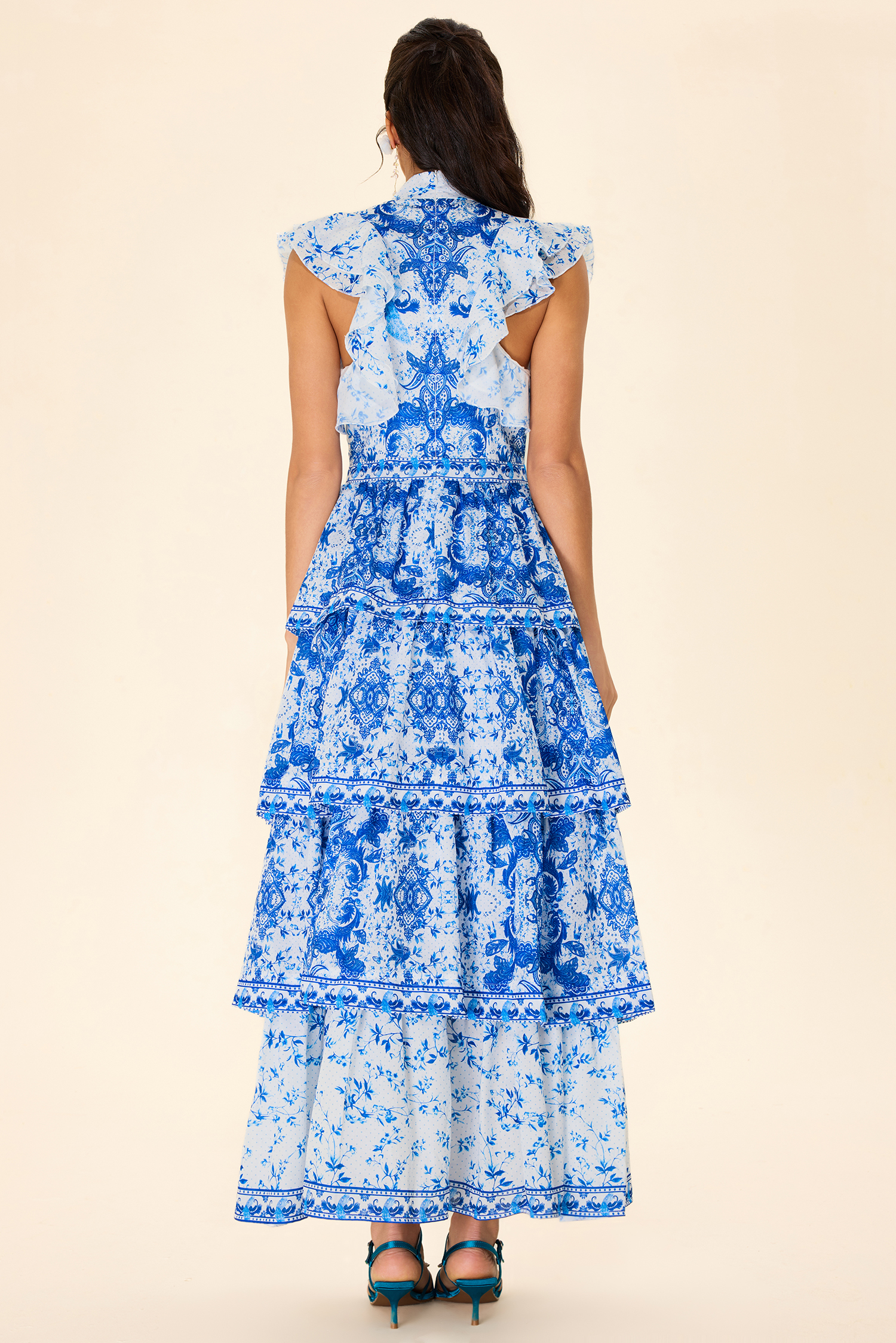 Paisley Print Ruffle Sleeveless Midi Dress