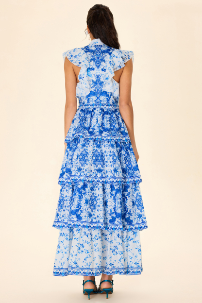 Paisley Print Ruffle Sleeveless Midi Dress