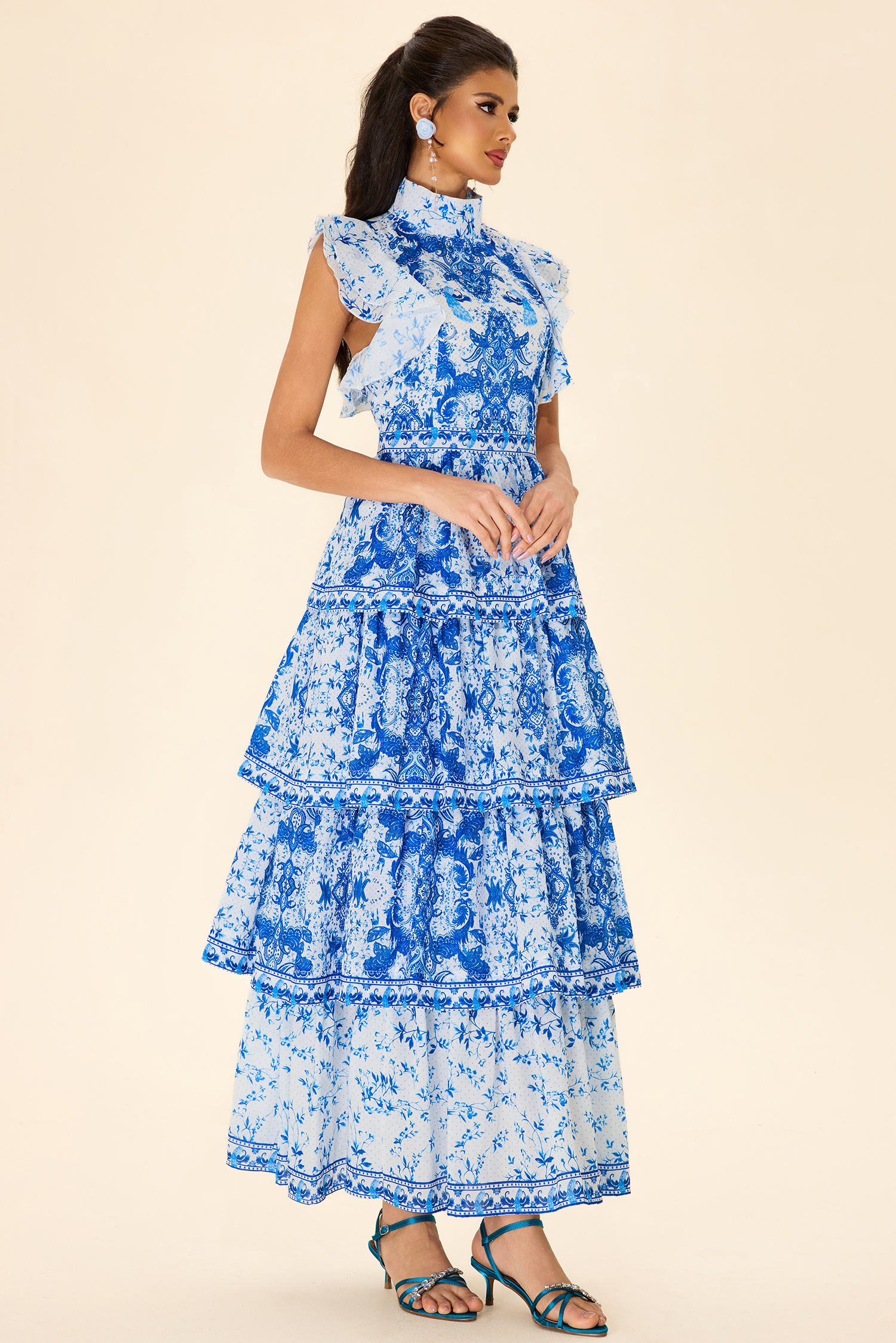 Paisley Print Ruffle Sleeveless Midi Dress