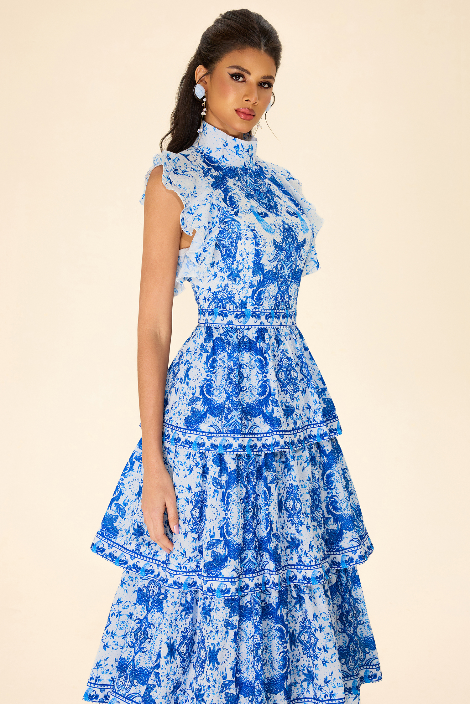 Paisley Print Ruffle Sleeveless Midi Dress