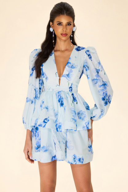 Floral Lantern Sleeve Ruffle Mini Dress