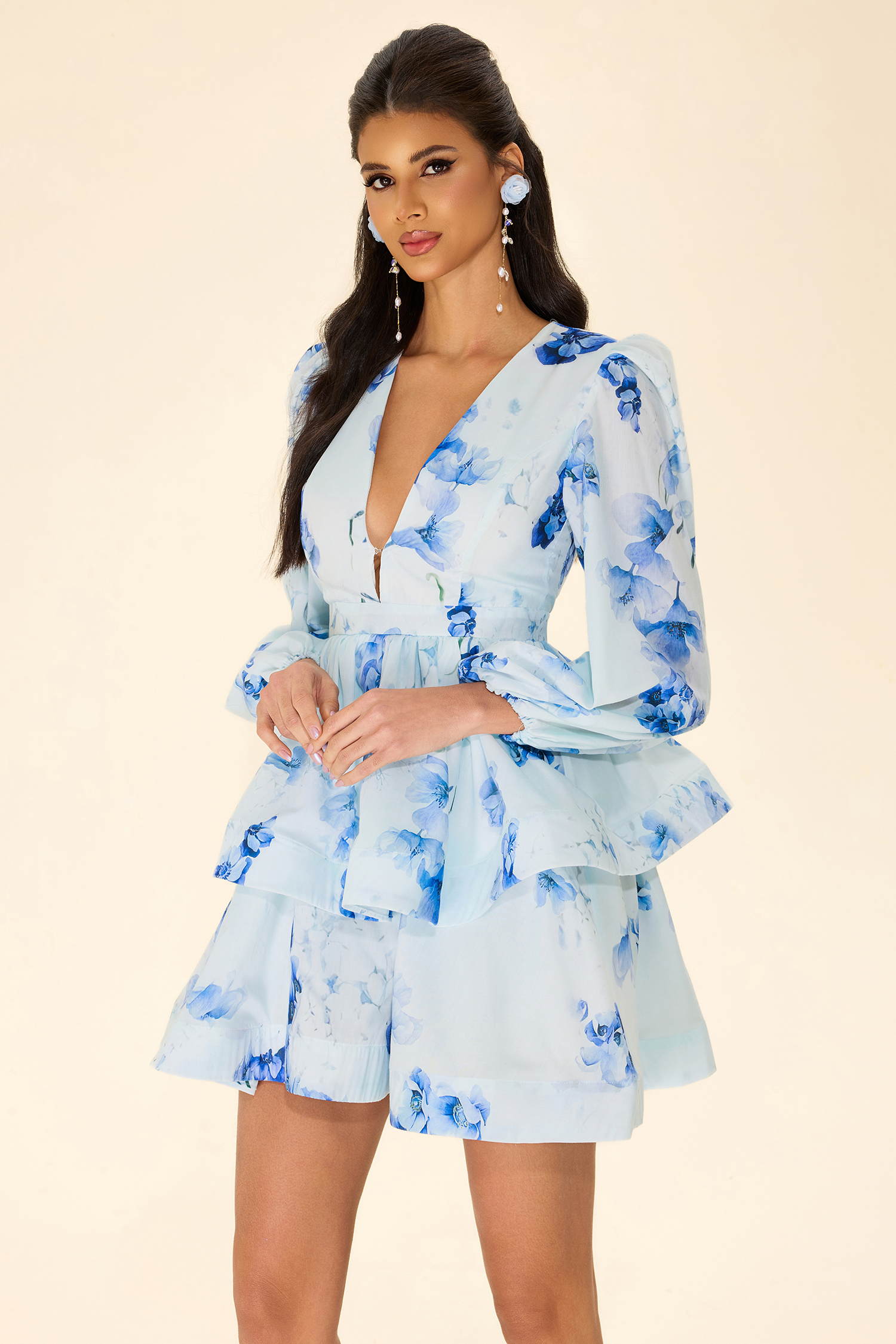 Floral Lantern Sleeve Ruffle Mini Dress