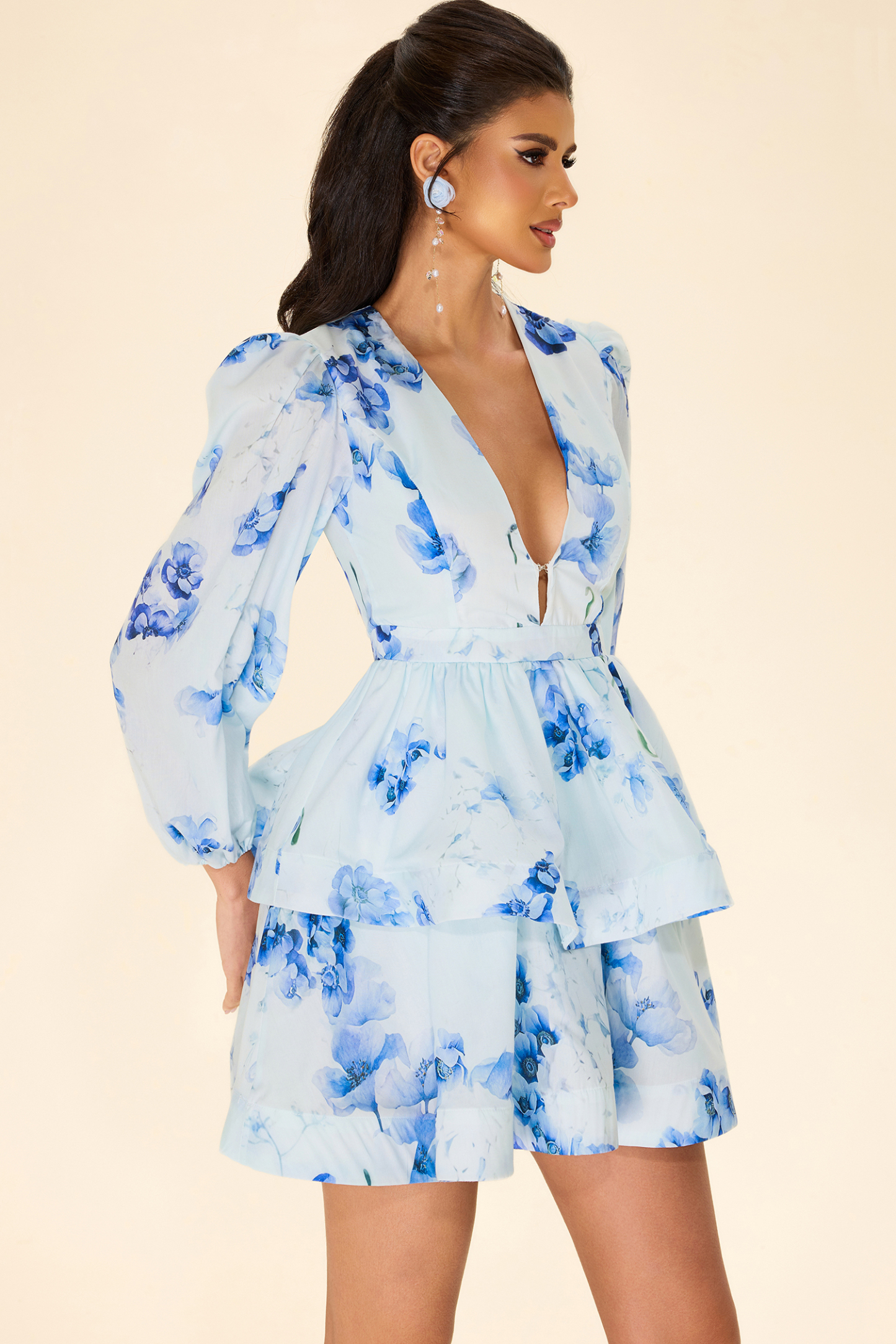 Floral Lantern Sleeve Ruffle Mini Dress