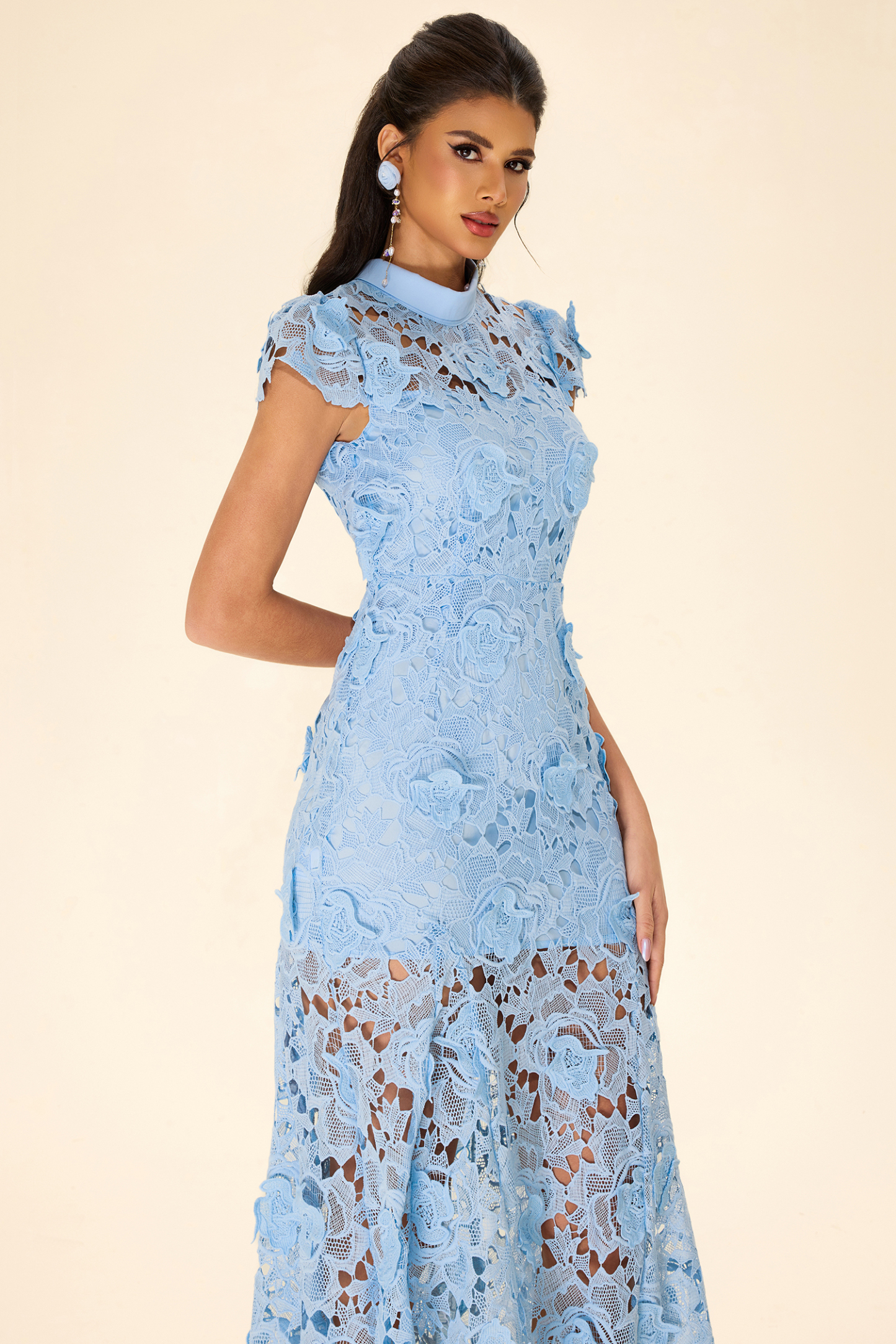 Lace Round Neck Short Sleeve Midi Dress