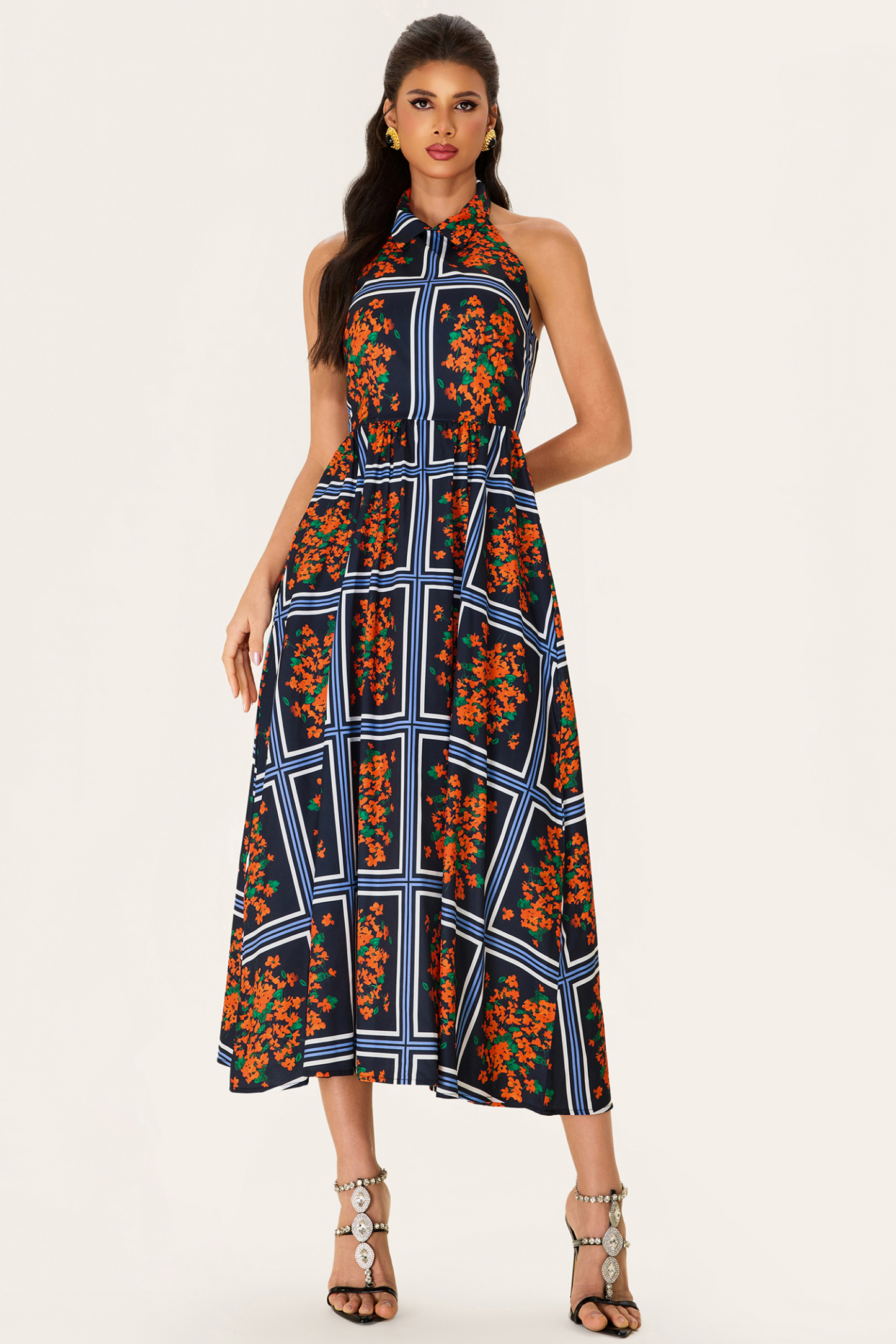 Shirt Collar Sleeveless Floral Midi Dress