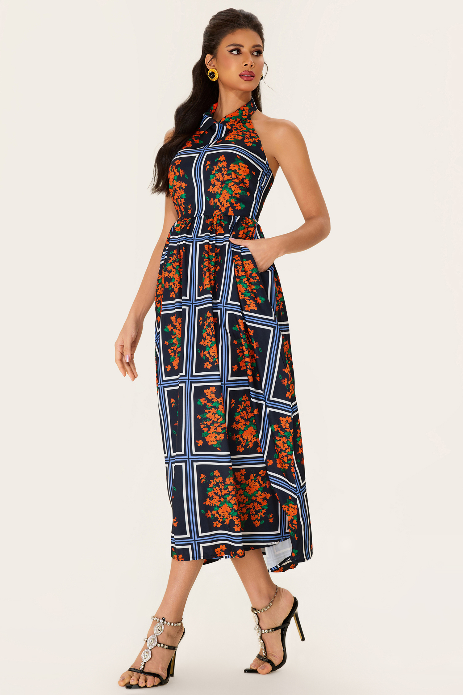 Shirt Collar Sleeveless Floral Midi Dress