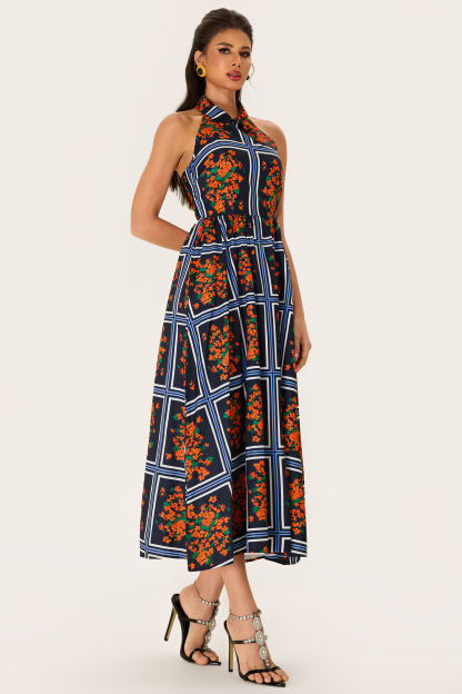 Shirt Collar Sleeveless Floral Midi Dress