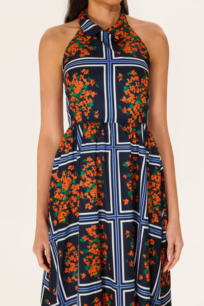 Shirt Collar Sleeveless Floral Midi Dress