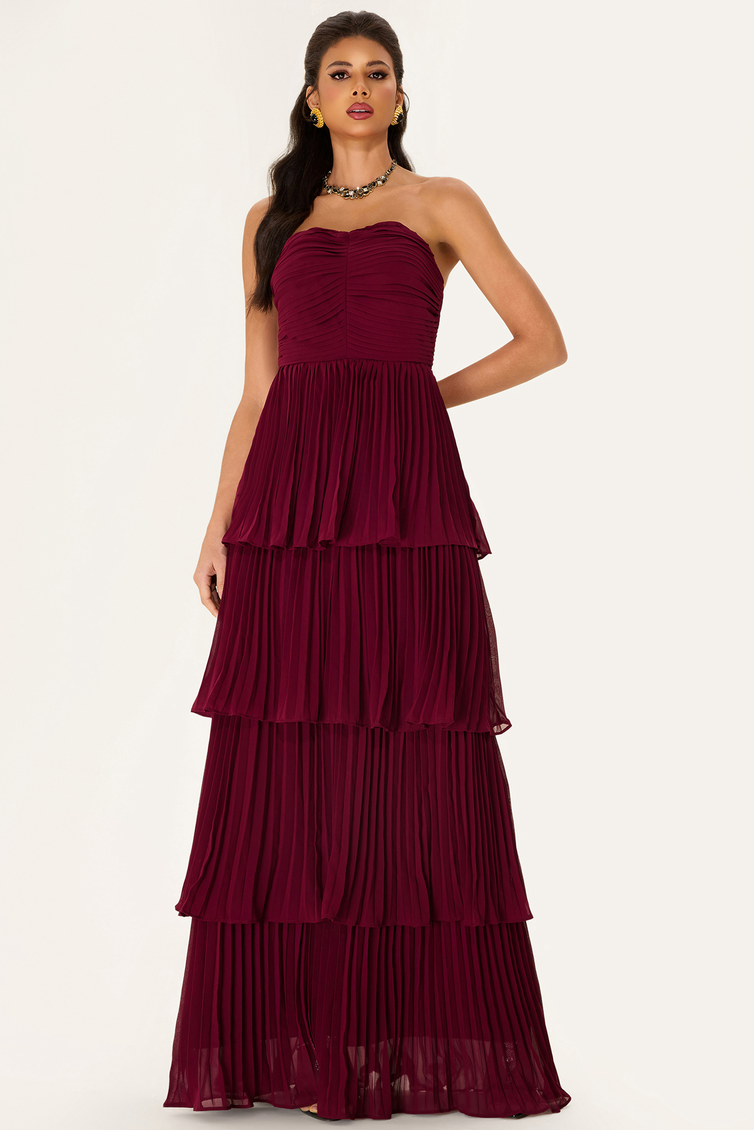 Off-Shoulder Pleat Tiered Maxi Dress