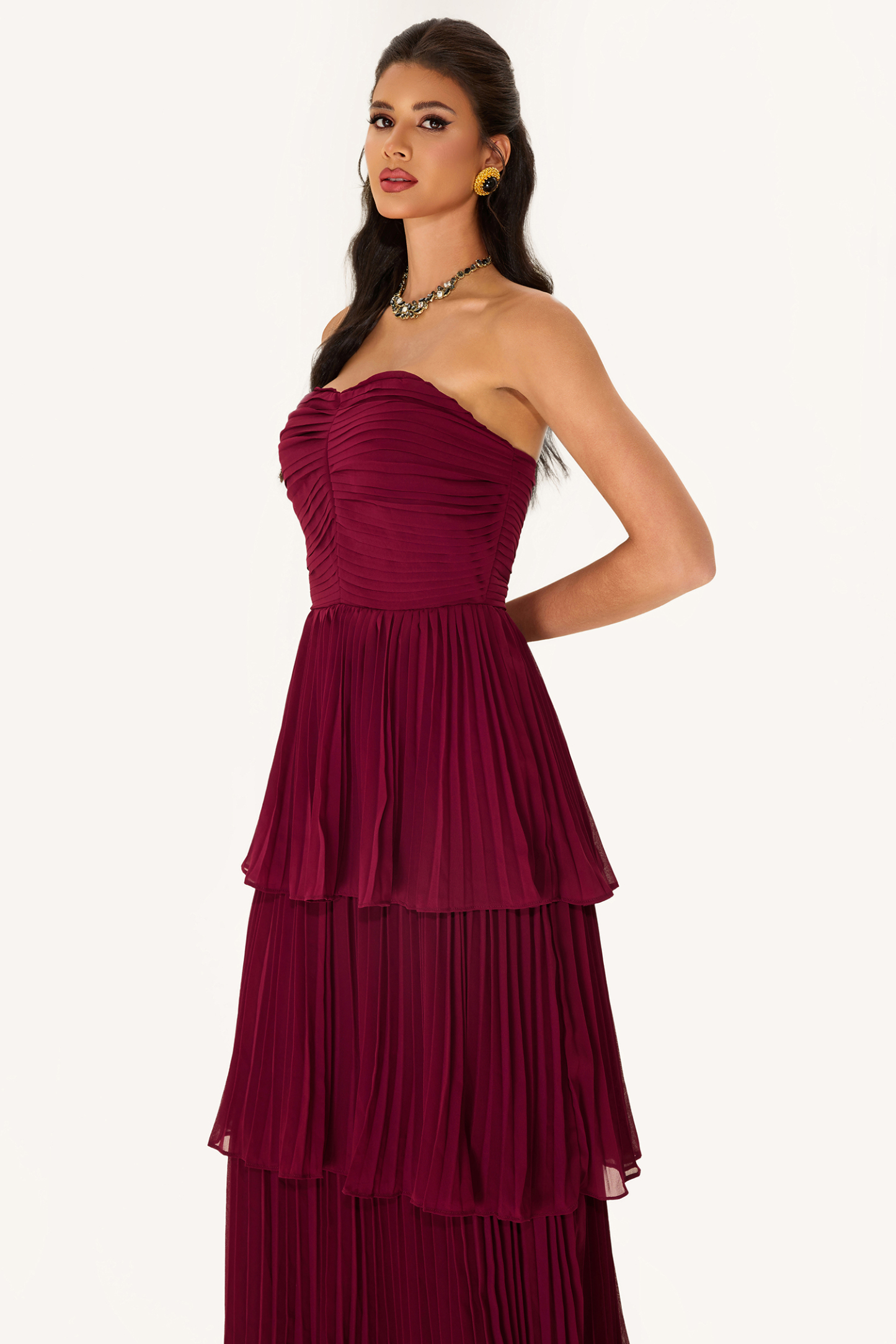 Off-Shoulder Pleat Tiered Maxi Dress