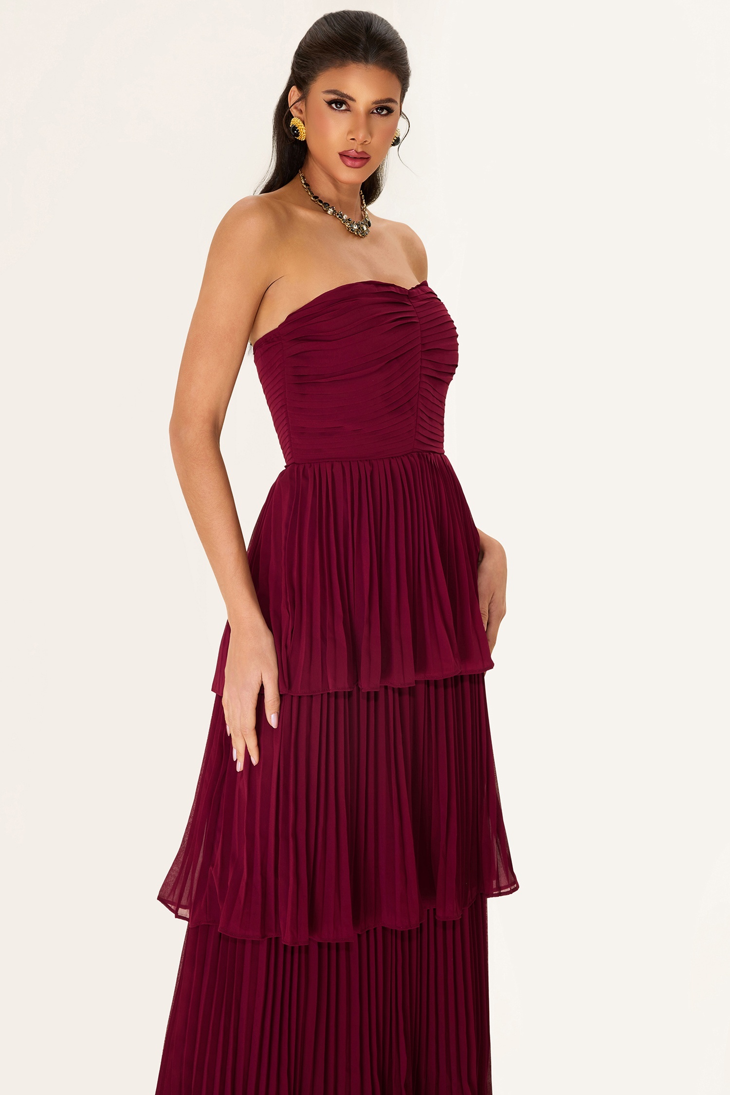 Off-Shoulder Pleat Tiered Maxi Dress