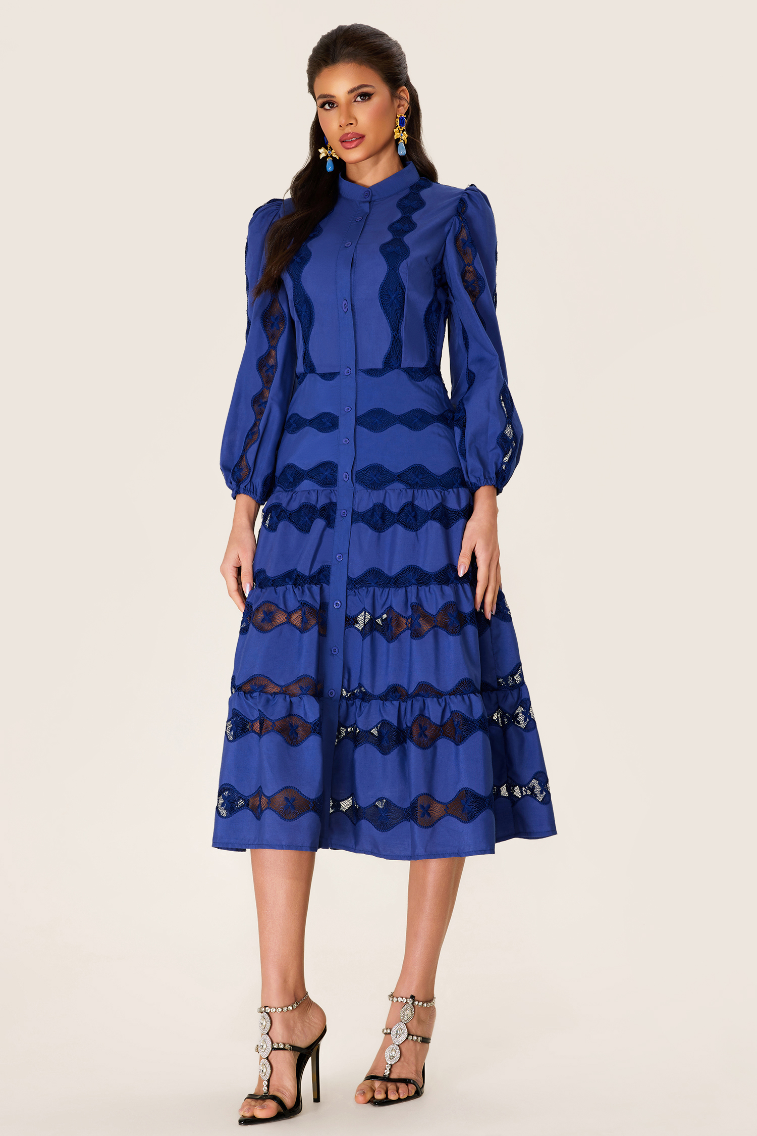 Embroidered Solid Bottom Midi Dress