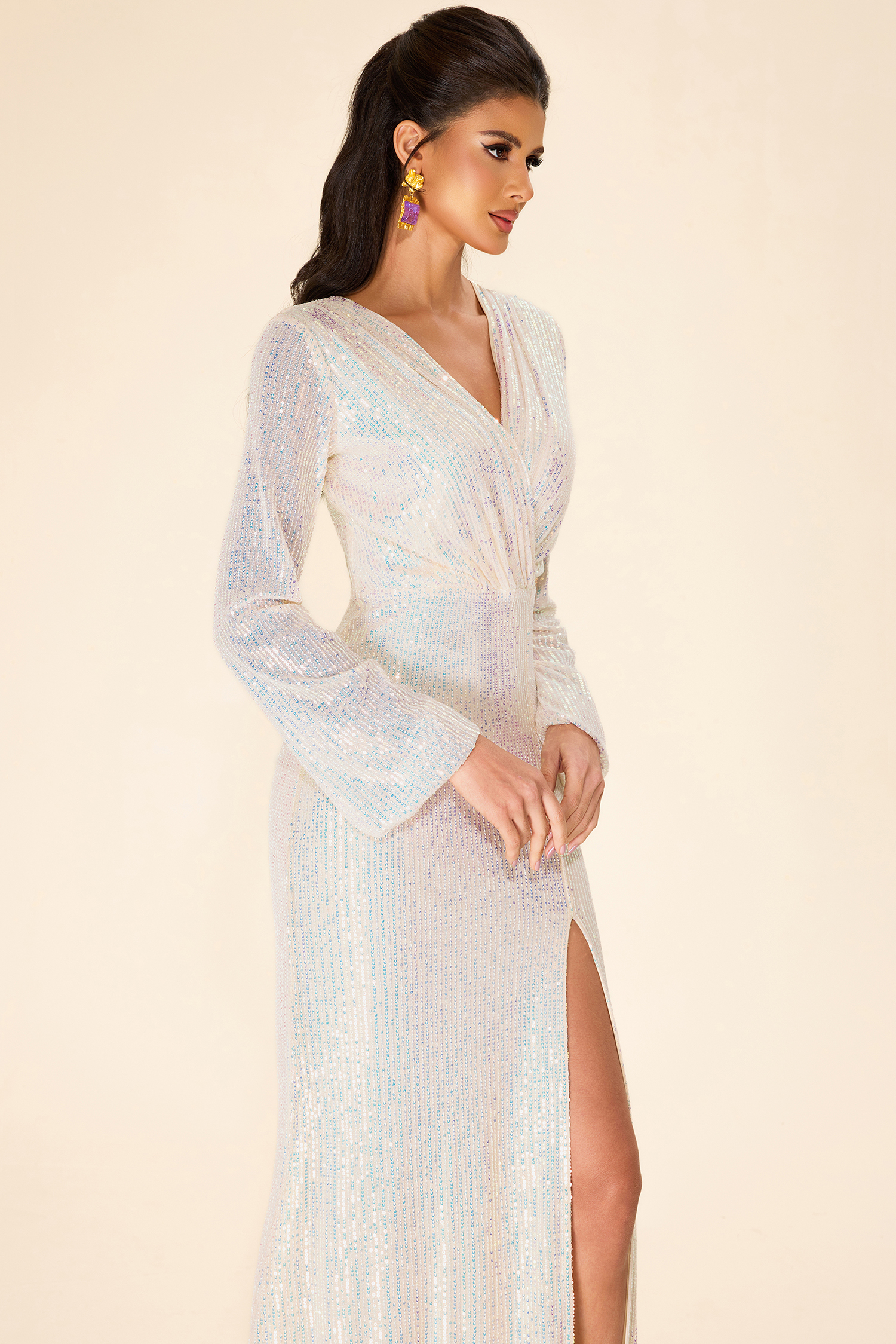 Sequin Split Long Sleeve Midi Dress