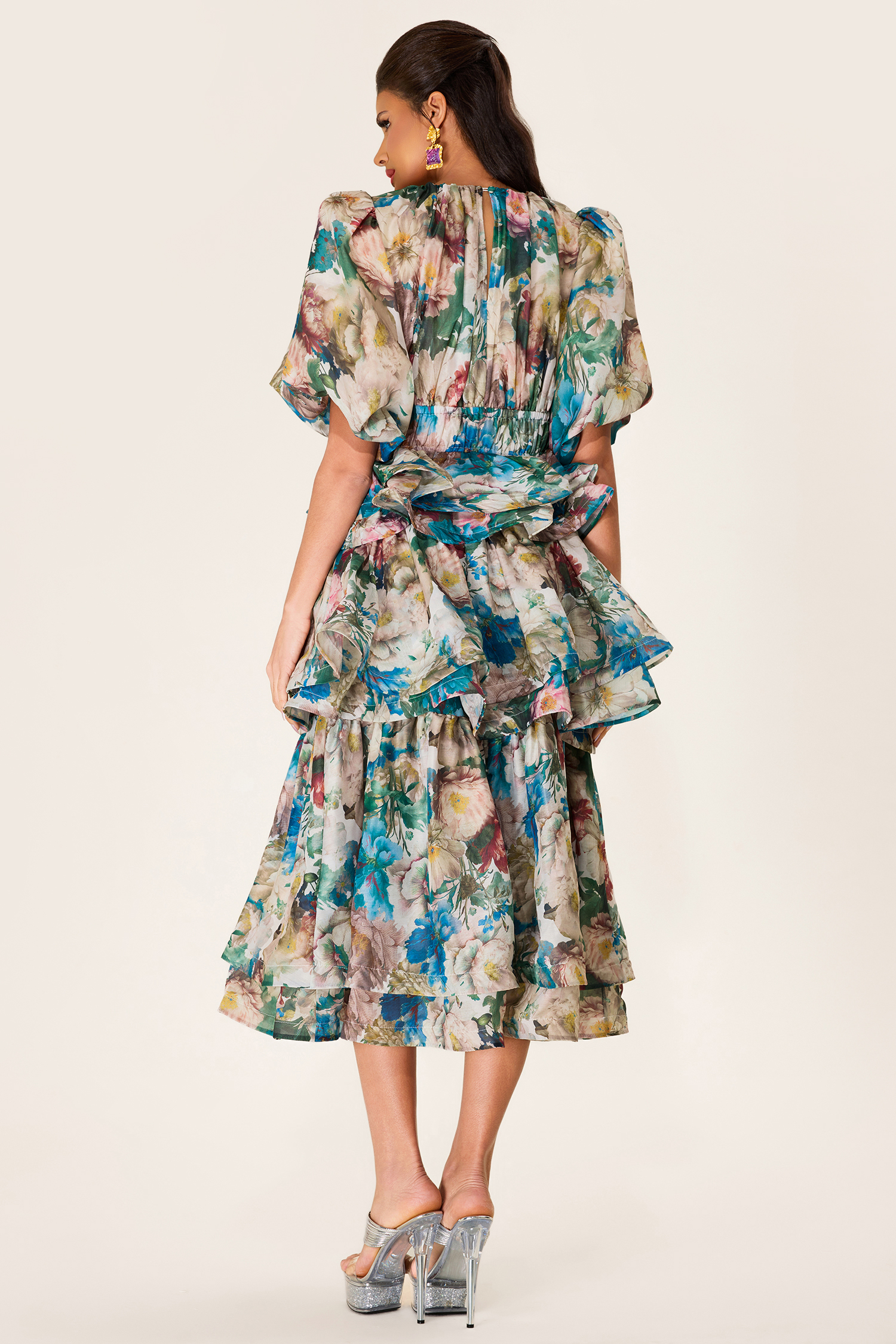 Floral Puff Sleeve Tiered Midi Dress