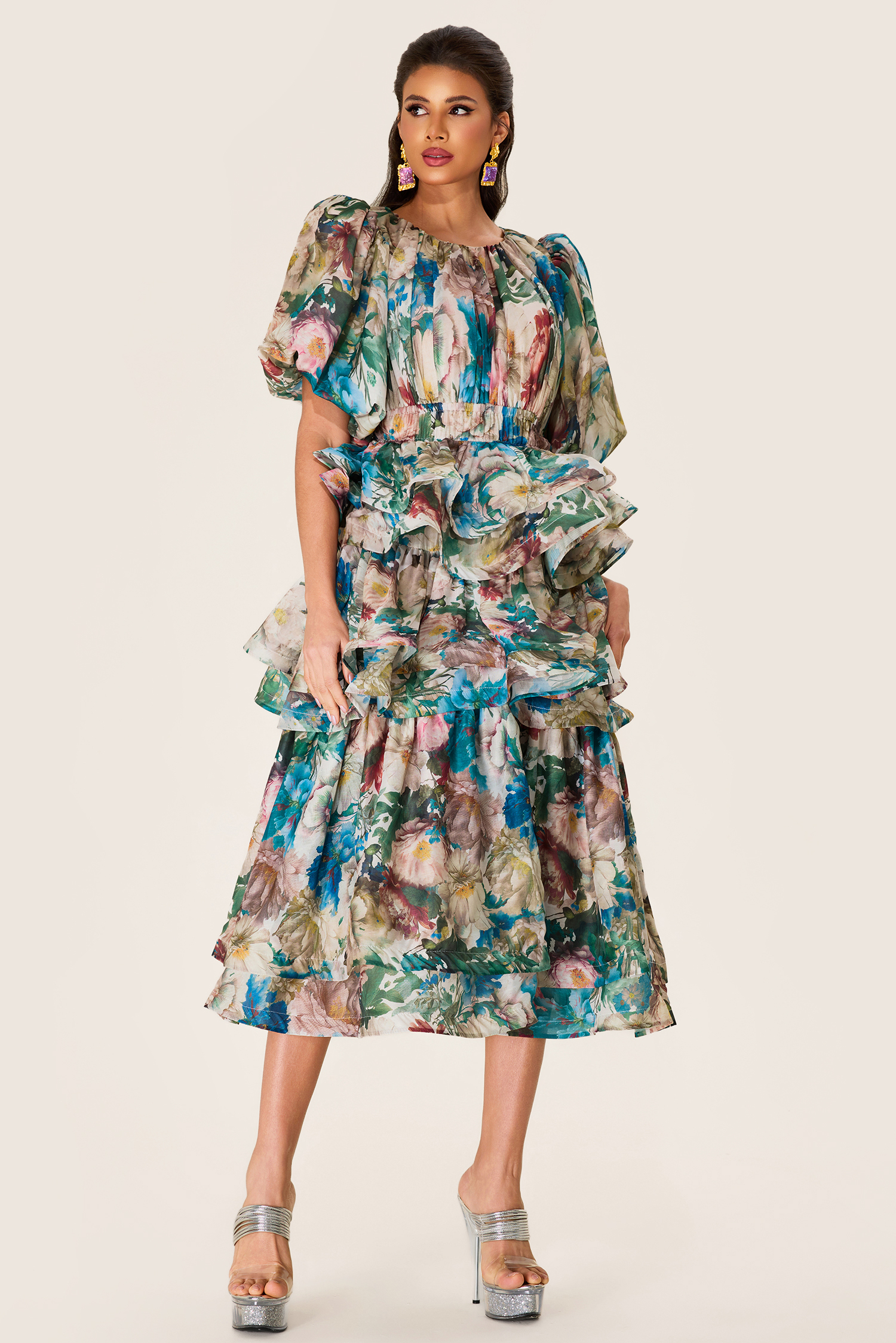 Floral Puff Sleeve Tiered Midi Dress