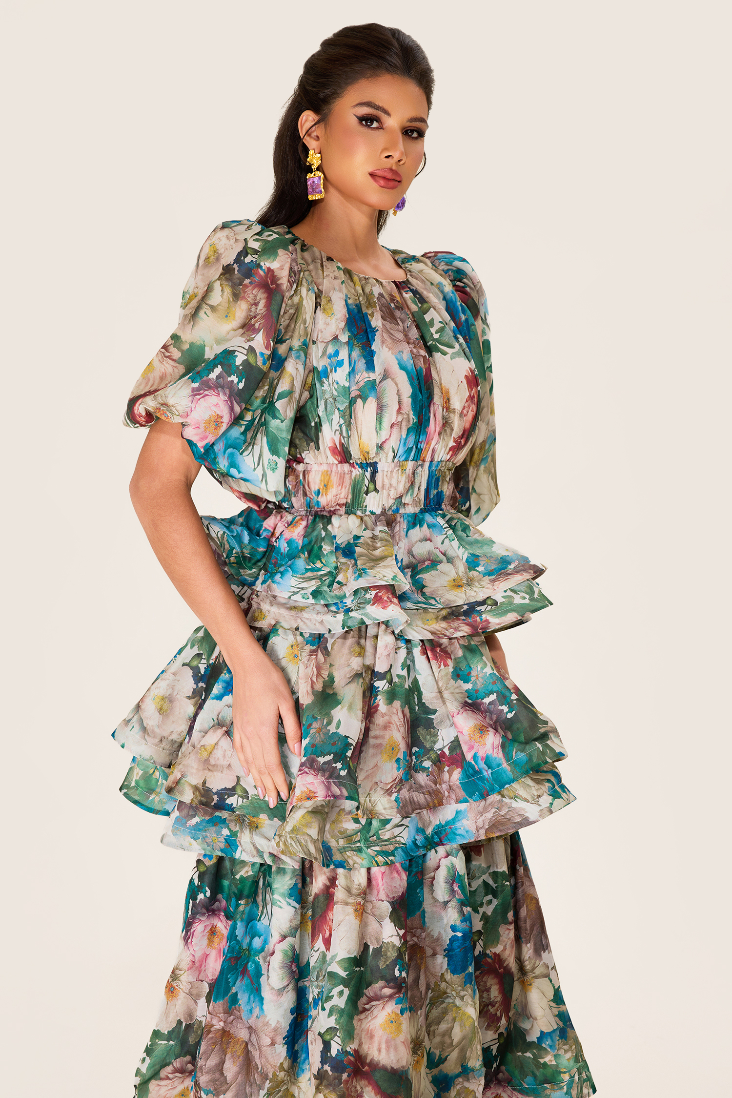 Floral Puff Sleeve Tiered Midi Dress