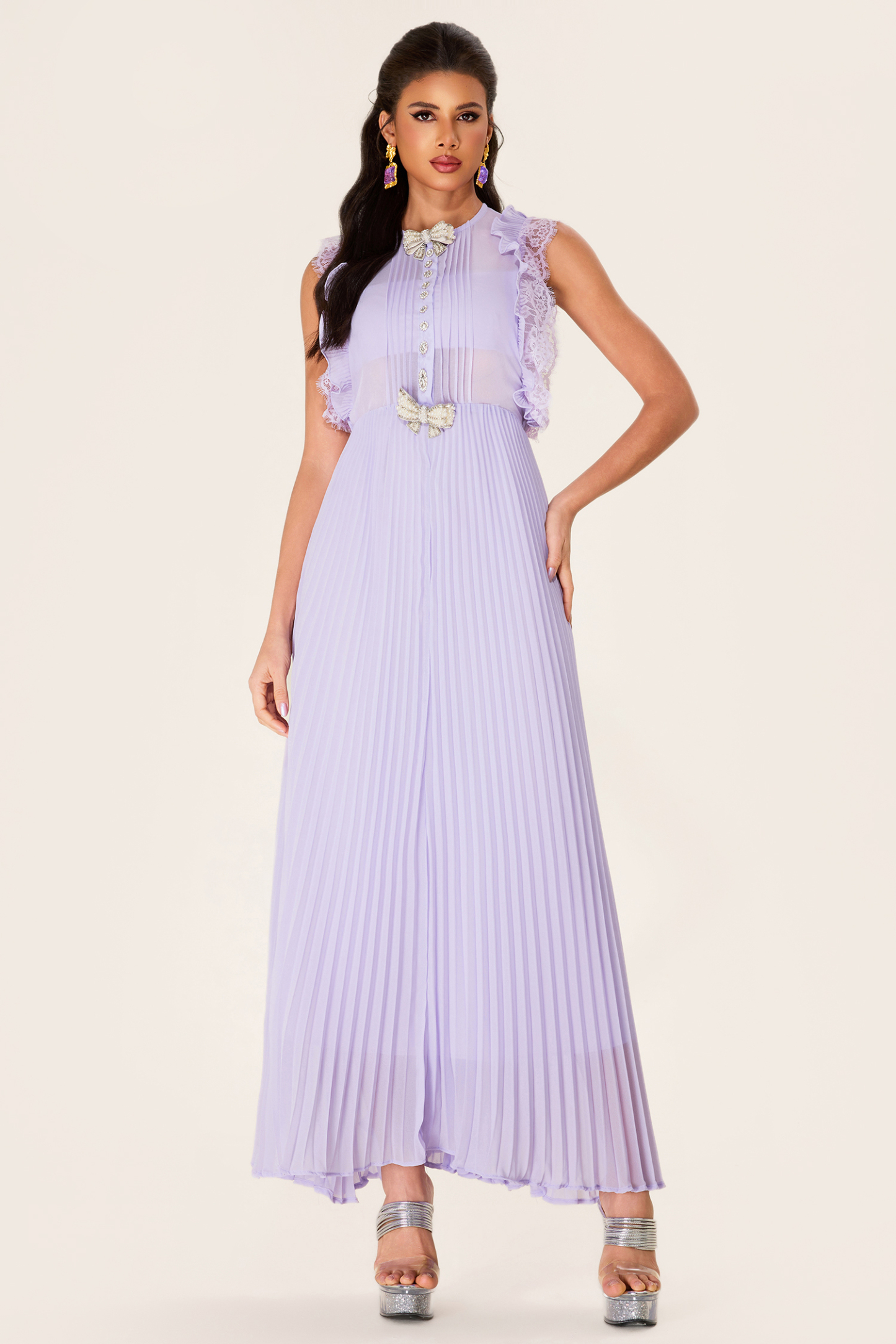 Rhinestone Bow Sleeveless Pleat Midi Dress