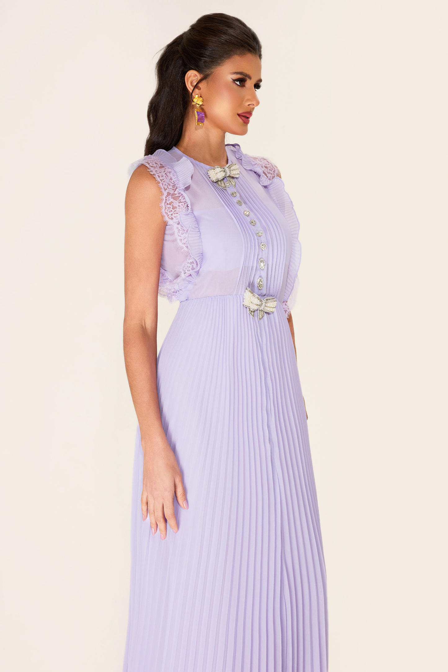 Rhinestone Bow Sleeveless Pleat Midi Dress