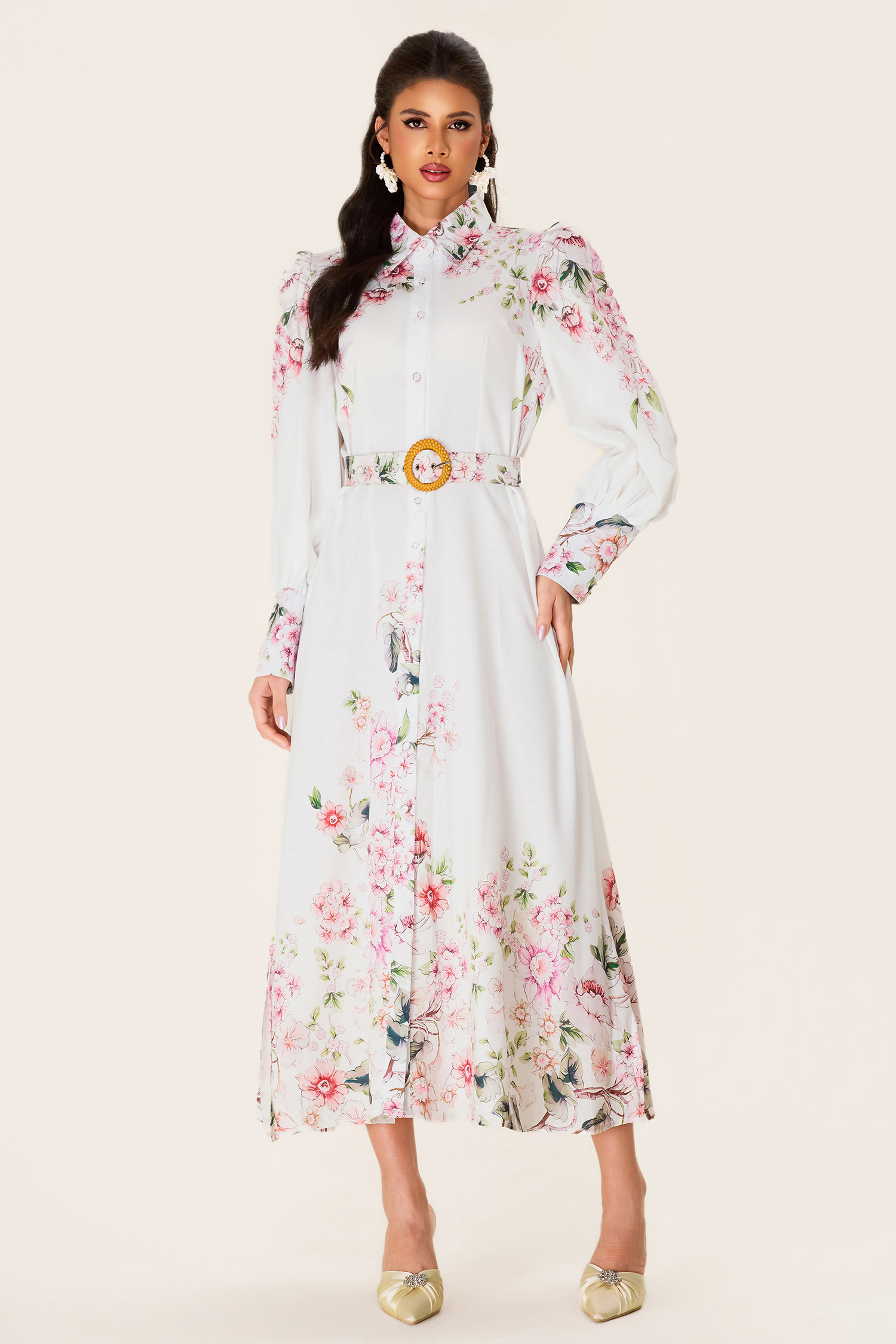 Floral Lantern Sleeve Midi Dress With Belt